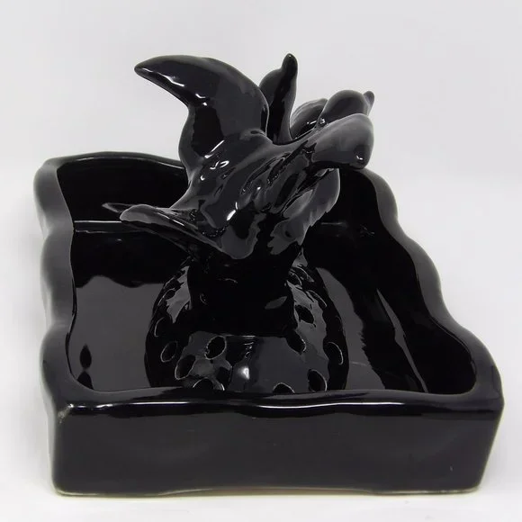 Vintage Camark Pottery Black Pair of Ducks Flower Frog with Matching Black Pond